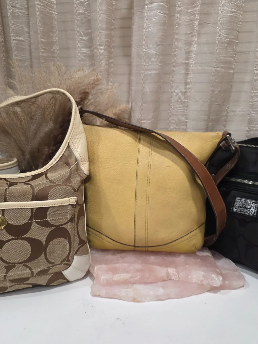 Coach Signature Canvas Satchel in Brown with Yellow Trim 4 PC BUNDLE